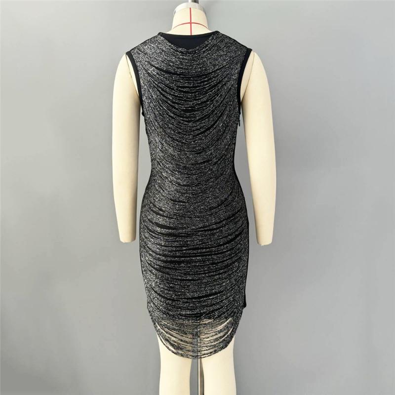 New bandage dress fringed sexy evening dress nightclub party hip wrap elegant temperament sleeveless women's clothing