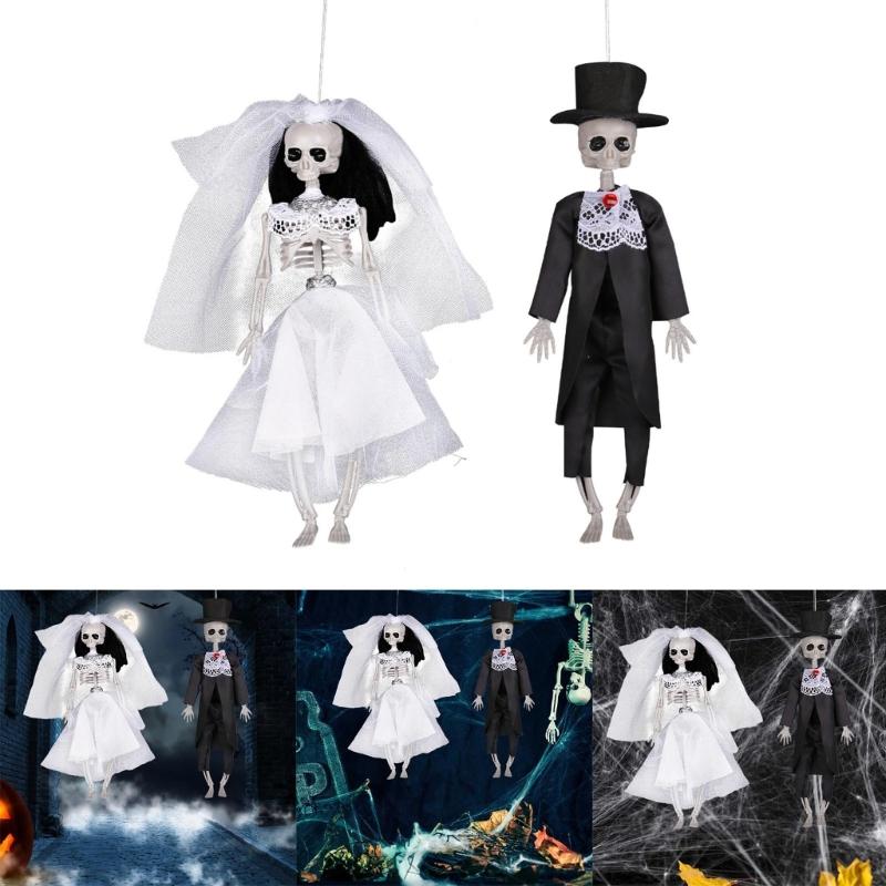 Halloween Decorations Outdoor Hanging Bride Groom Skeleton Poseable Hanging Skull Scary Room Pendant Yard Decors