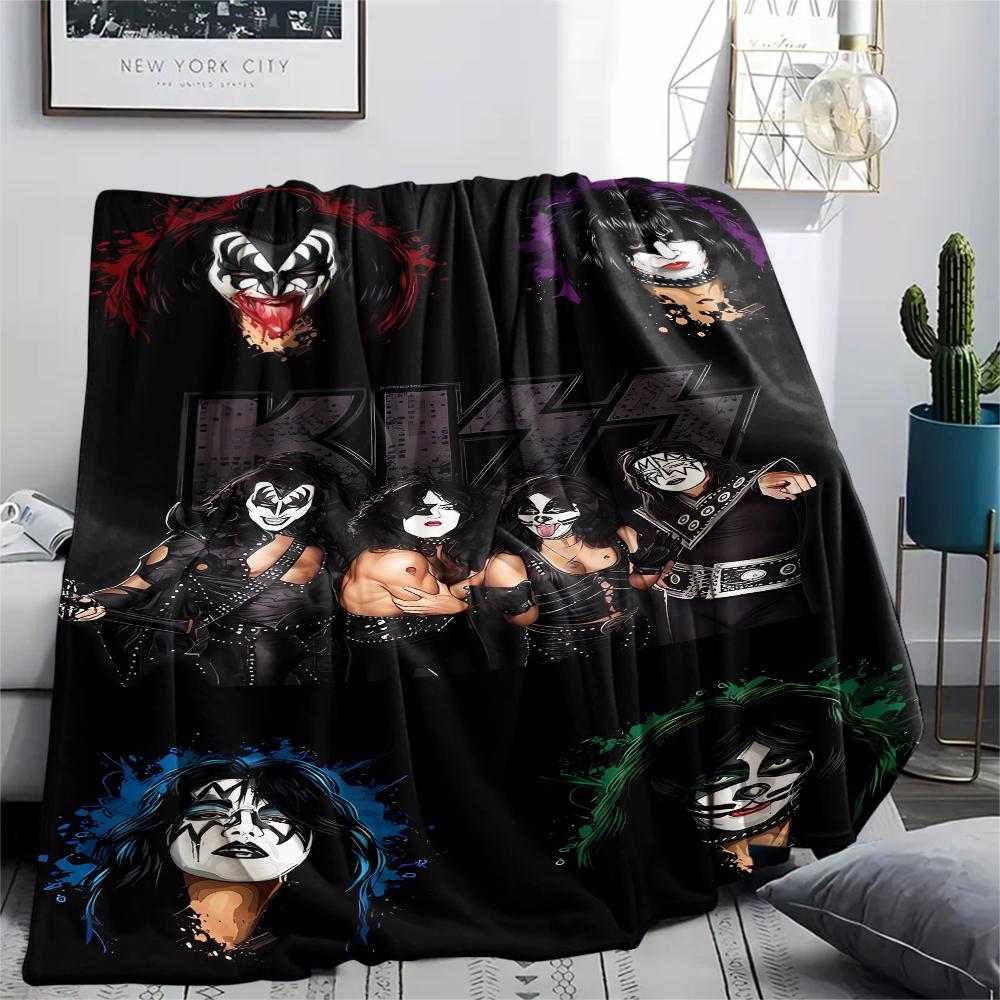 1Pc Rock Kiss Band Print Flannel Blanket, High Quality Comfortable for All Seasons, Home Decor, Warmth and Comfort, Perfect for Christmas Gifts