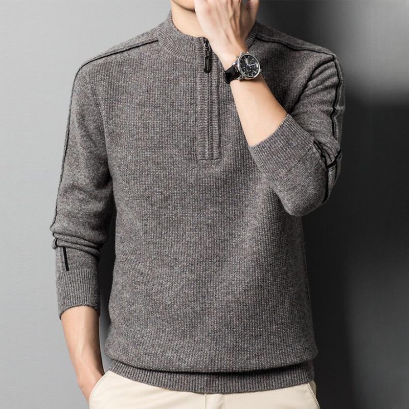 Wollpullover Herren Winter Warmer Herren-Kaschmirpullover Reißverschluss Halber Rollkragen-Strickpullover