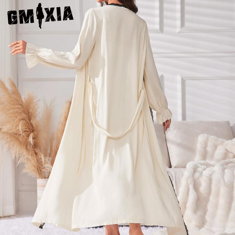 GMXIA Simple Leisure In The Long Section of The Halter Nightgown Robe Female Two-piece Four Seasons Long-sleeved Ladies Home Pajamas