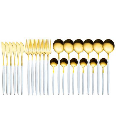 24Pcs Stainless Steel Dinnerware Set Cutlery Spoon Fork Knife Western Cutleri Silverware Flatware High Guality ,White-Gold