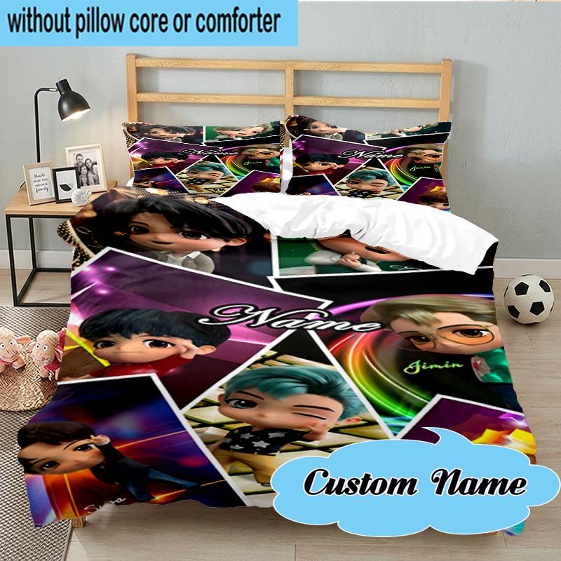 Custom Name 3PCS Colorful Cartoon K-pop Characters Bedding Set, Including 1pc Duvet Cover And 2pcs Pillowcases, Suitable for Dorms and Bedrooms Gift