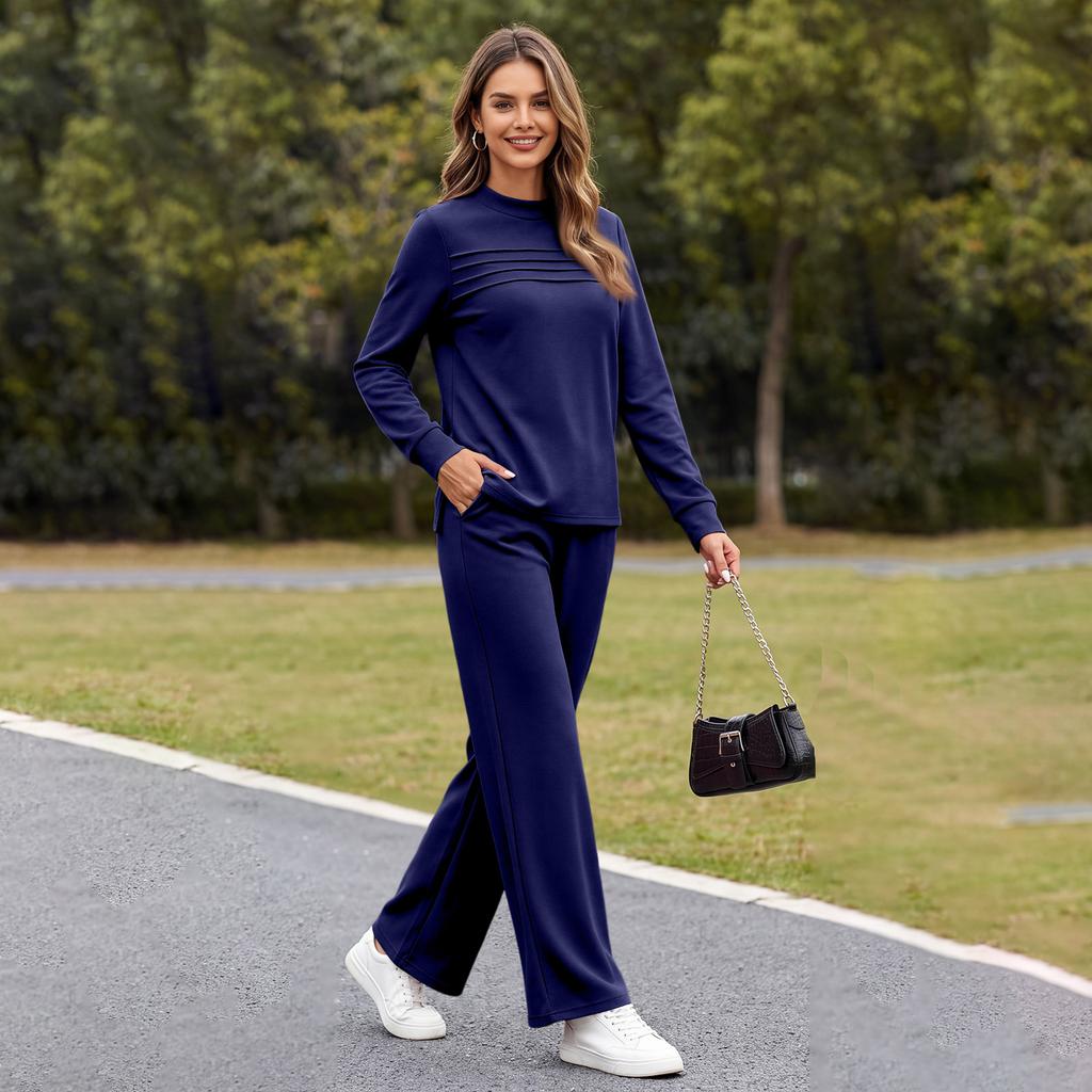 Women's Casual 2 Piece Track Suit with Long Sleeve Round Neck Sweatshirt and Wide Leg Pants, Side Slit Hem