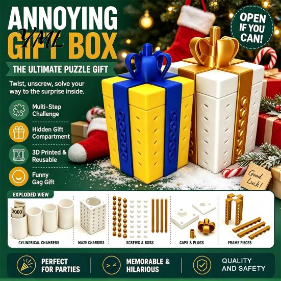 Gift Box with Hidden Compartment Annoying Prank Puzzle Box, 3D Printed Reusable Cash & Card for Adults Holder, Hilarious Challenge Funny Surprise