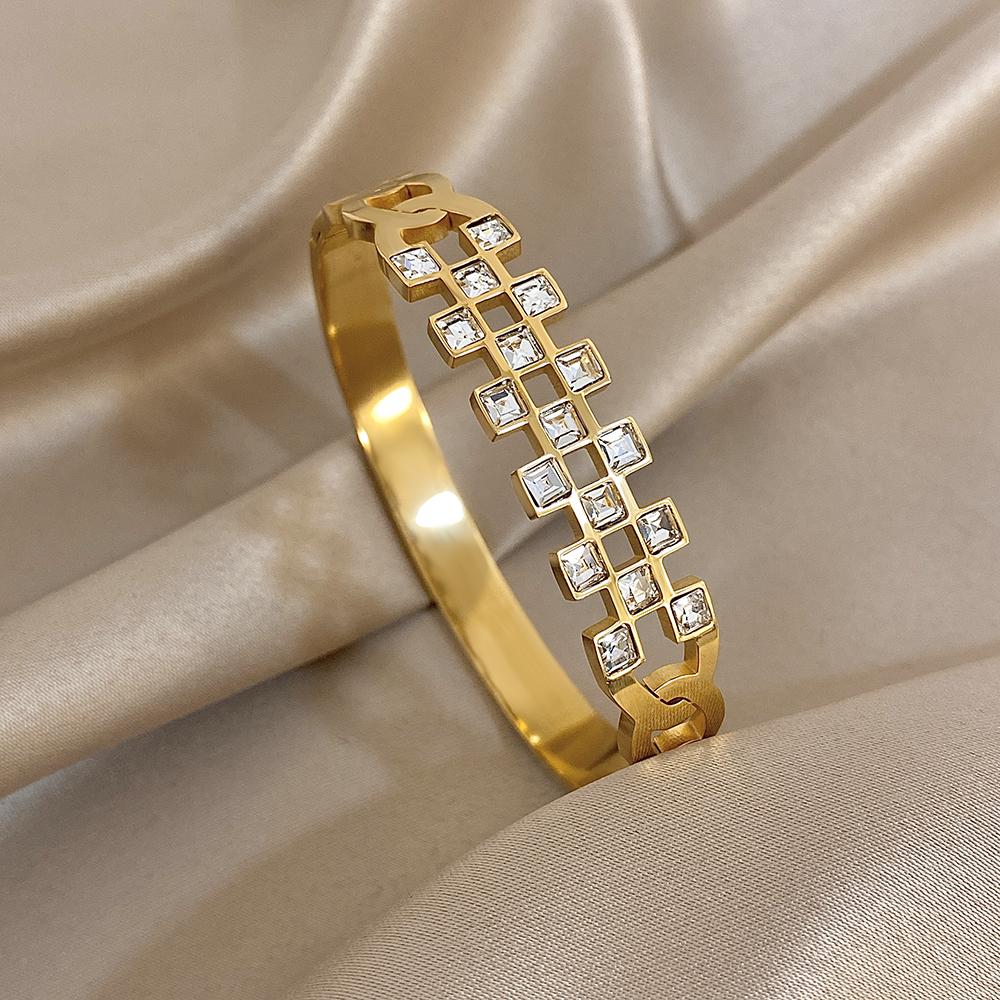 New Stainless Steel Waterproof Cuff Bracelet Bangle for Women Exquisite Shiny Inlaid Zircon Geometric Stacked Jewelry Gifts