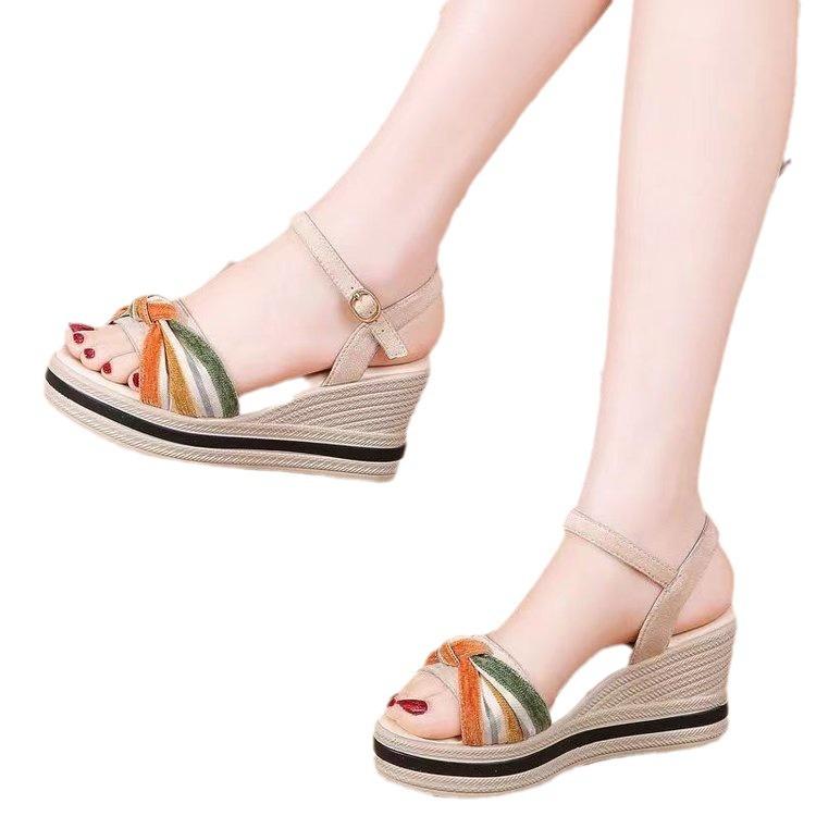 Leather wedge sandals women's 2025 summer new versatile buckle with high heel thick sole heightening casual wear cool slippers