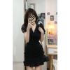 Black v-neck bubble sleeve dress women's summer niche unique design high-end fishtail skirt style