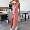 Women Denim Shirt Dress Summer Sleeveless Button Down Maxi Dress with Belt Lapel V Neck Long Jean Dress with Pockets