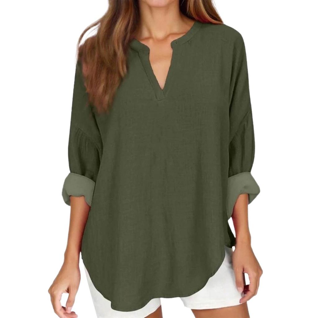 Women's Fashion Casual Solid Color Printed Drop Shoulder Long Sleeve V-Neck Women's Hemp Top
