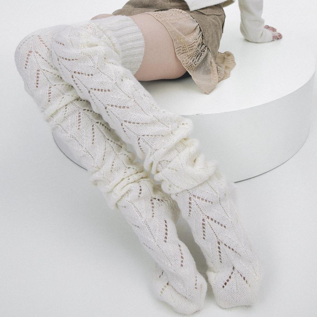Autumn And Winter Knee Stacking Socks Children'S Knitted Wool Warm Long High Tube Socks Mesh Hollow Non-Slip Vertical Pattern Thigh Socks