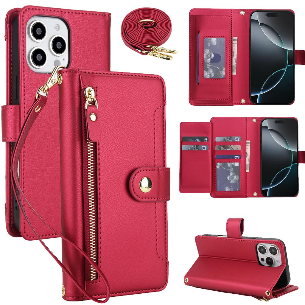 Zipper Leather Wallet Flip Case For iPhone 17 Pro Max 16 15 14 13 12 11 16E 16Plus Luxury RFID Stand Book Long Lanyard Bag Cover