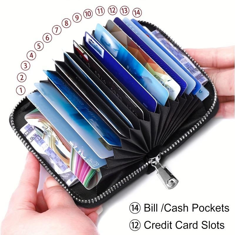 2024 Ny Stöldskyddad Borstad Korthållare Tvålagers Äkta Läder Kreditkortsplånbok med Dragkedja 14 kort Kortfack