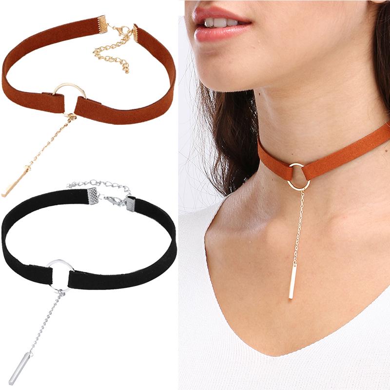 MJartoria Black Velvet Gold Bar Pendant Chain Double Layered Choker Necklace