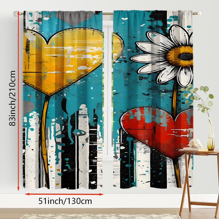 2PCS Blues Graffiti Heart Daisy Curtains   Cool City Art Style   Valentine's Day   Bedroom Living Room   Pull up Pocket Style