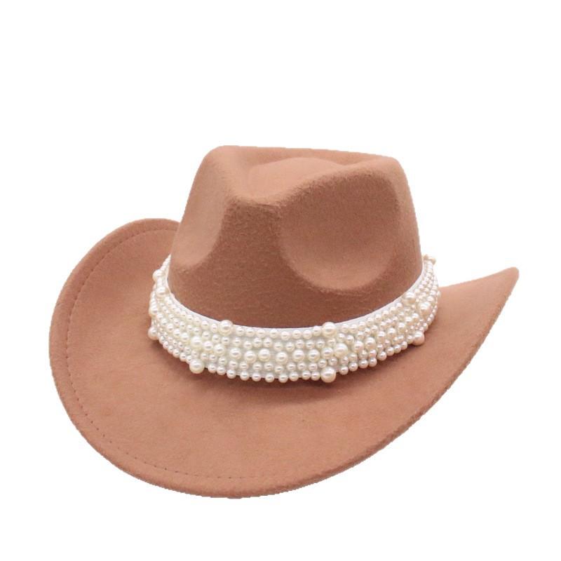 Premium Western Cowboy Hat British Elegant Jazz Hat Pearl Top Hat Big Eaves Hat Women'S Wool Hat
