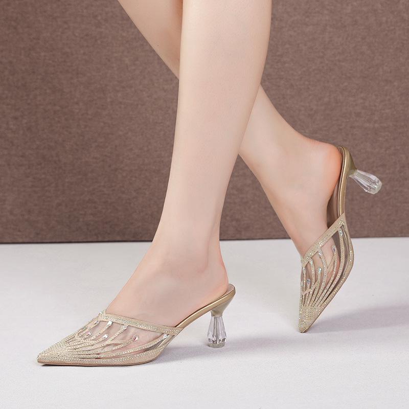 

Босоножки-сабо с закрытым носком, новые, на высоком каблуке, крутые шлепанцы, женские летние, со стразами, сетчатые, с острым носком, модные сандалии женские 40 золотой