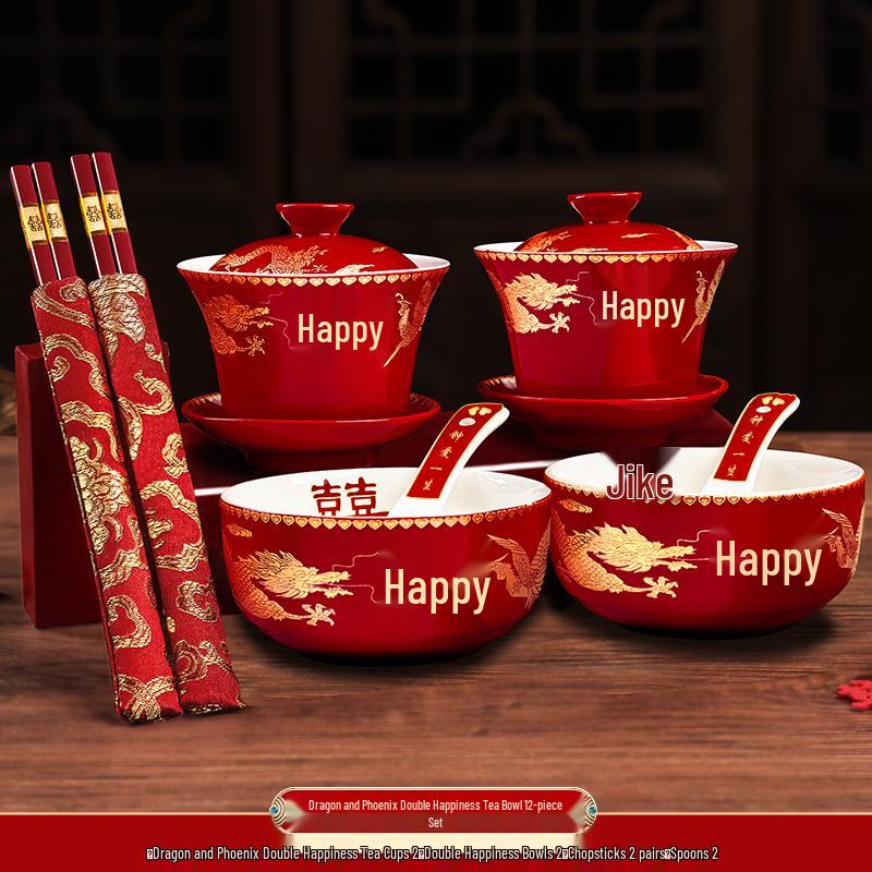 Festive Red Wedding Tea Set: Lidded Bowls, Tea Cups, and Chopsticks