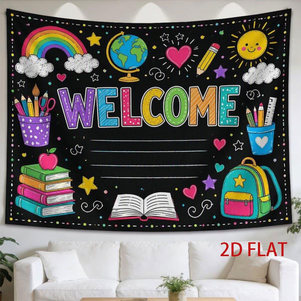 2D Flat - 2D Flat - 1pc 2D Flat Tapestry Welcome Back to School Classroom Decor Tapestry with Rainbow Globe Books And Backpacks for Cheerful Learning