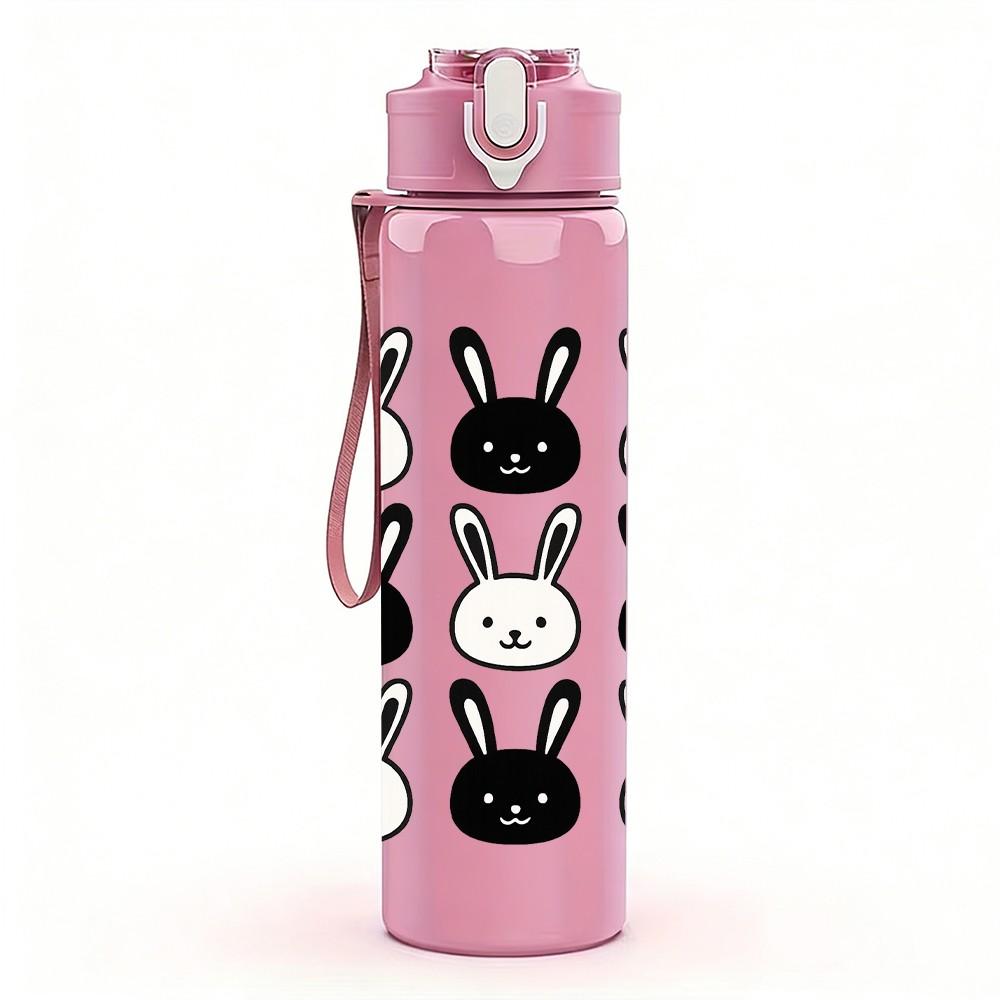 1PC Black White Rabbit Repeat Grid 750ml Color Plastic Sports Water Bottle Leakproof Flip Straw Lid For Sports Office Home Use