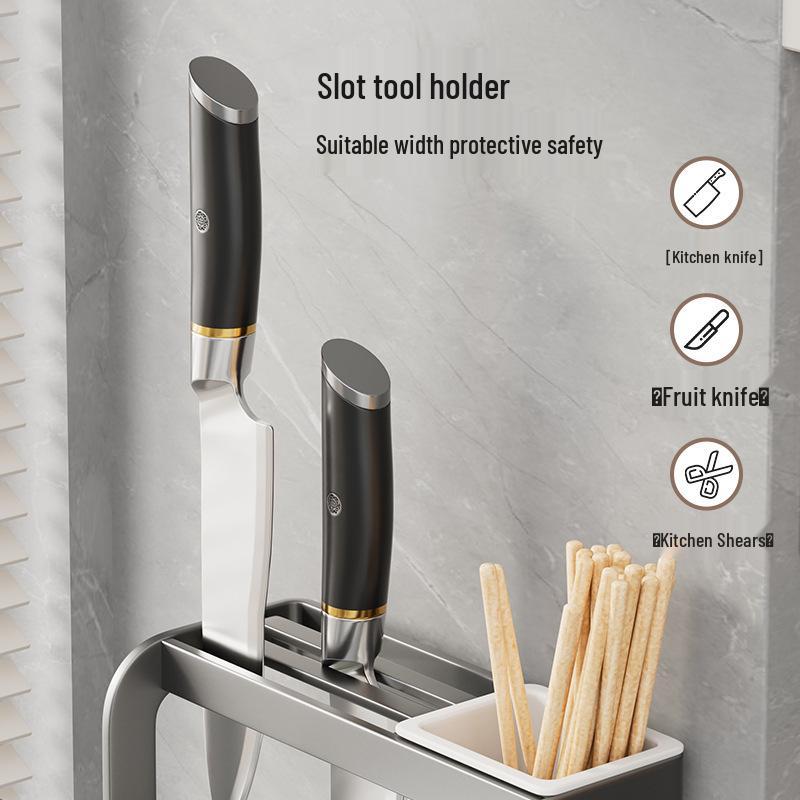 Wall-Mounted Multi-Functional Storage Rack: Cutting Board, Lid, Knife, Spoon, Chopstick Holder - No-Drill Installation.