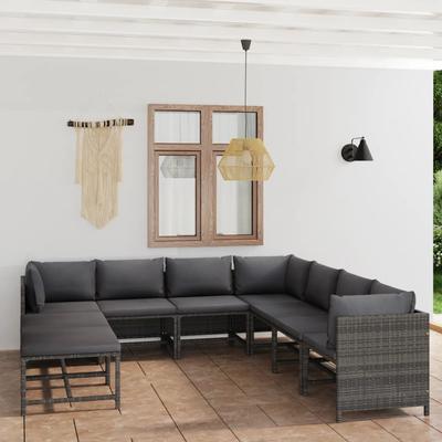 9-Cz. Garden Lounge Set, Cushions, Grey PE Rattan