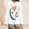 Women Plus Size V Neck Long Sleeve White Star Moon Printed Top Curved Hem With Pockets