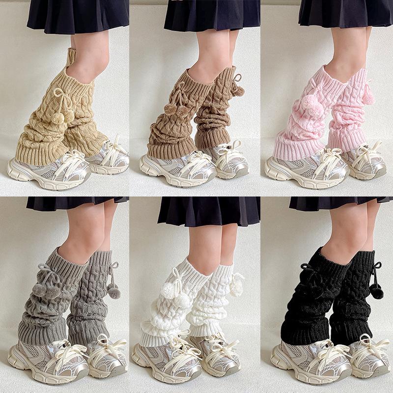 Korean Style Cable Knit Pom Pom Children's Leg Warmers - Autumn/Winter Fashion Slouch Socks for Baby Girls