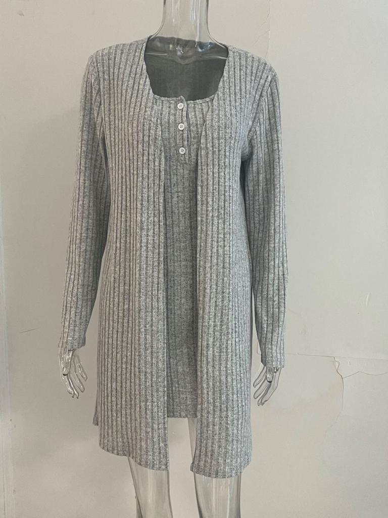 Damedrakt i 2 deler Ribbestrikket langermet cardigan med åpen front og bodycon kjolesett