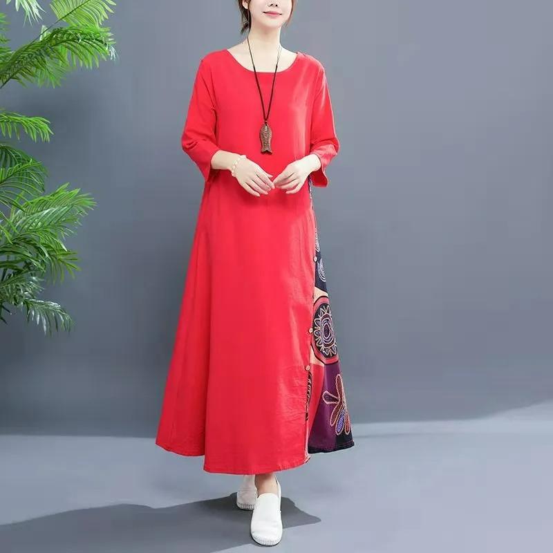 Autumn Retro Floral Round Neck Contrast Color Button Stitching Three-quarter Sleeves