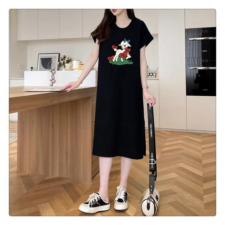 Women's Short-sleeved T-shirt Dress Summer Mid-length Over The Knee Casual Long Dress Plus-size Age Reduction T-shirt Cartoon Dress