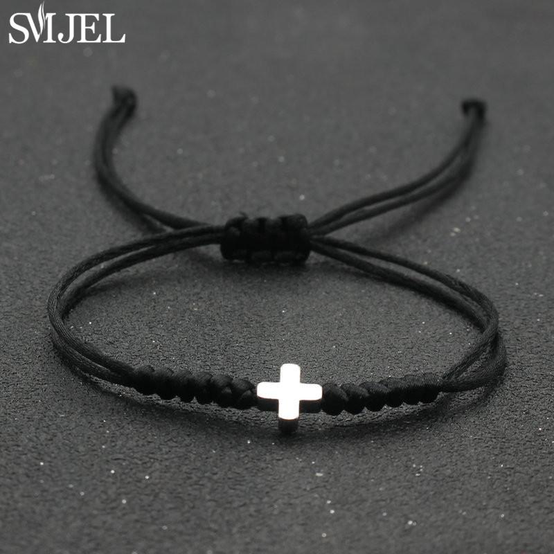 Vintage Tiny Cross Charm Handmade Adjustable Braided Bracelet for Women Lucky Black Red Rope Chain Bracelets New Year Gifts