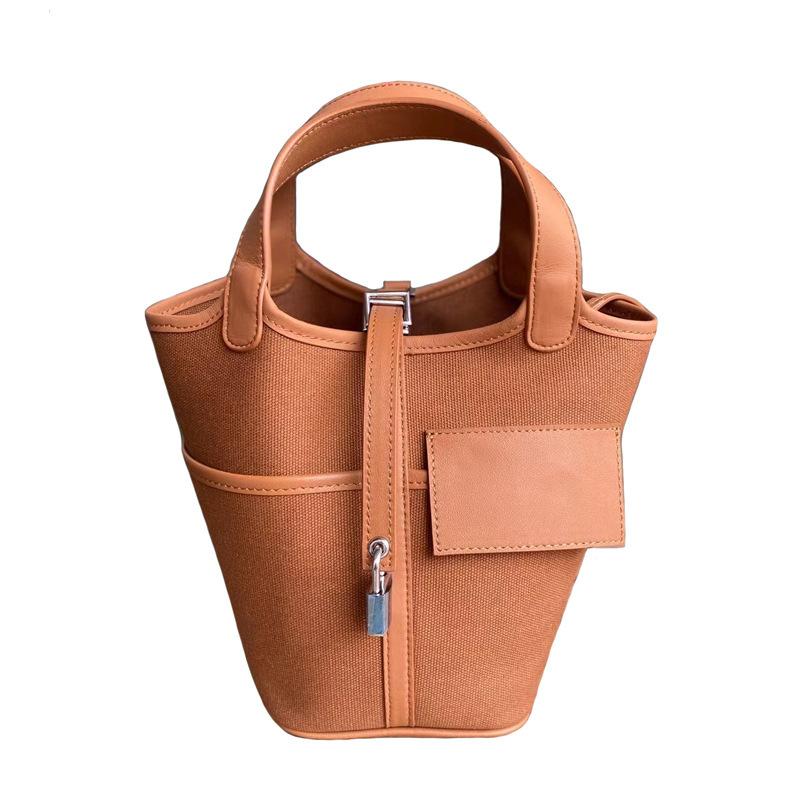 Foreign trade new vegetable basket bag swift cowhide with canvas splicing bucket bag fashionable casual hand bag