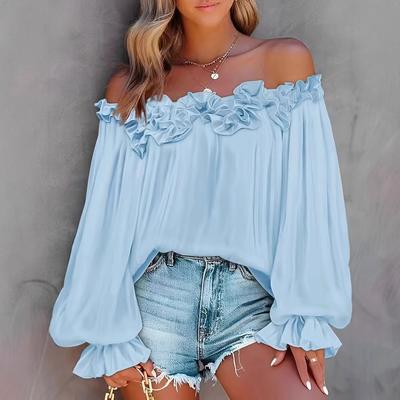 Primavera y Otoño Ocio Borde de Hoja de Loto Hombro Descubierto Manga Larga Estilo Elegante Blusas y Camisas de Mujer