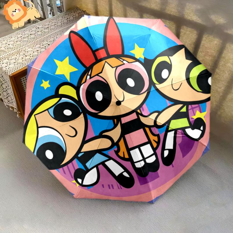 1PC The Powerpuff Girls Umbrella Portable Folding Umbrella Iron Frame Hole Bone Structure Outdoor Home Umbrella A4