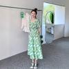 French floral dress women's summer new design sense green medium and long dress small waist A-shaped skirt