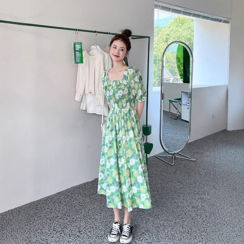 French floral dress women's summer new design sense green medium and long dress small waist A-shaped skirt