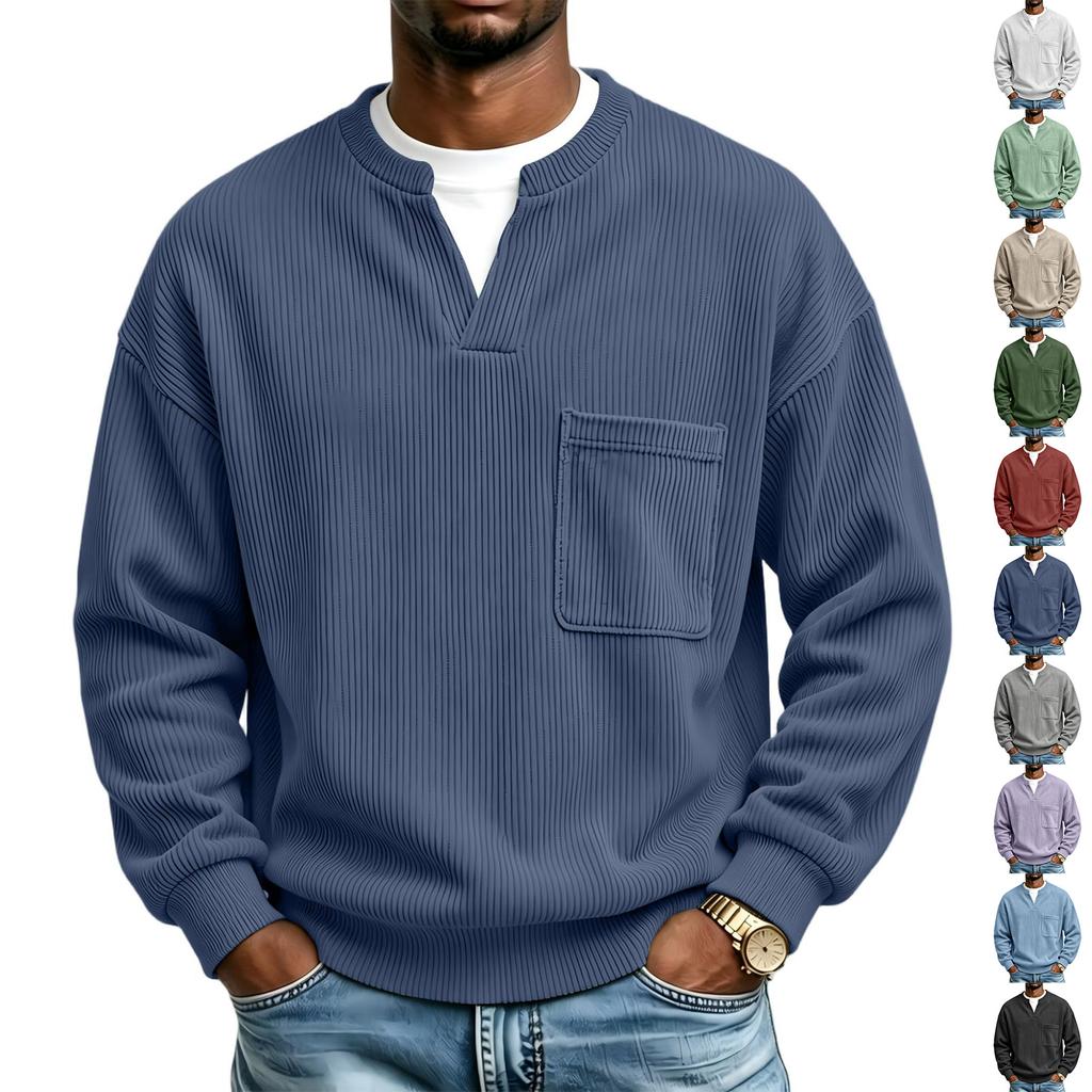 Sweatshirt en velours côtelé à col en V avec poche pour homme, pour un style décontracté de tous les jours