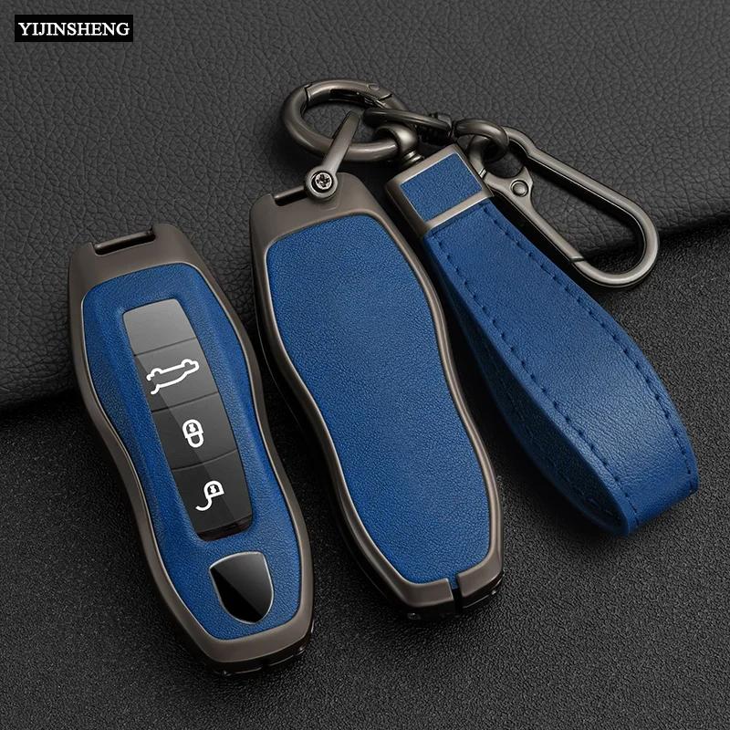 Zinc Alloy + Leather Car Key Case Cover Fob Holder For Porsche Cayenne Panamera 971 911 9YA Macan 718 Cayman Boxster 3 Remote