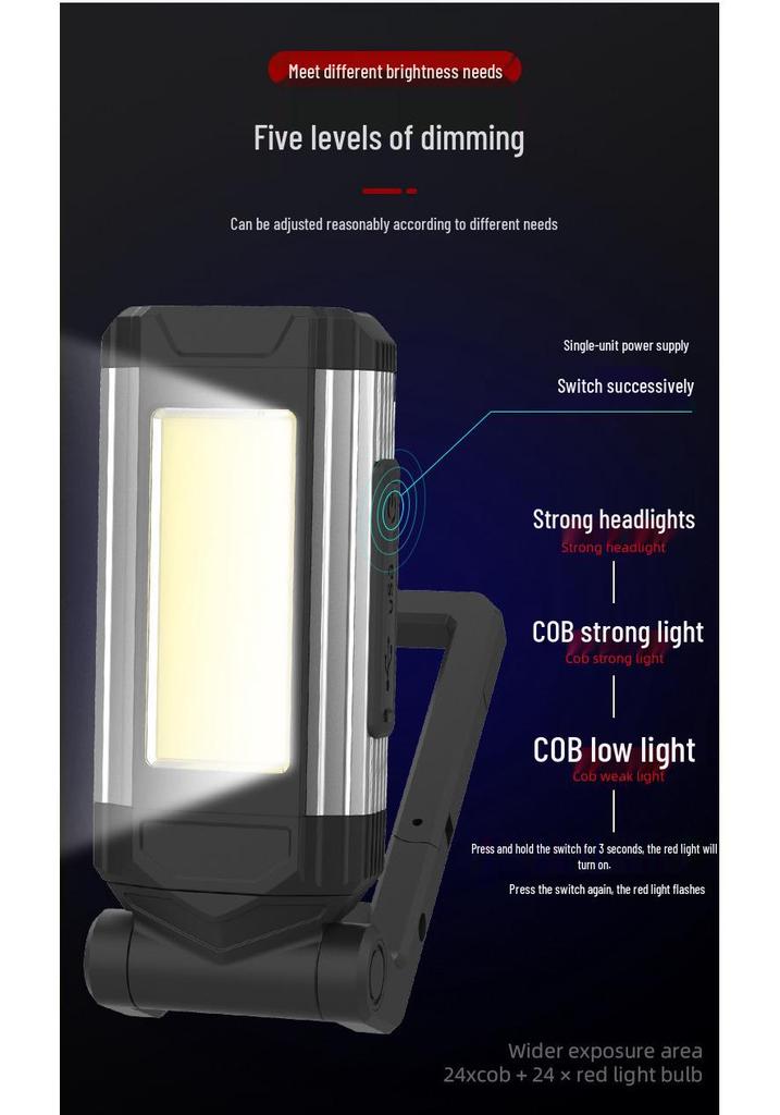 Multifunctional COB Work Light with USB Power Bank, Magnetic Base, and Foldable, High-Brightness Lamp for Emergency and Car Inspection.