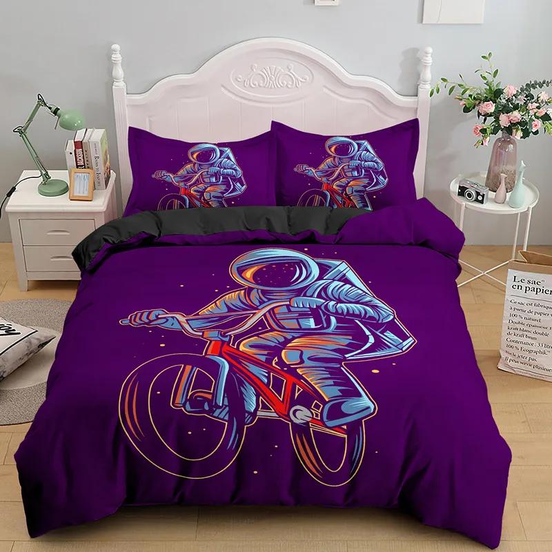 Astronaut King Queen Duvet Cover Space Cycling Bedding Set Cartoon Universe Comforter Cover Galaxy 2/3Pcs Polyester Quilt Cover