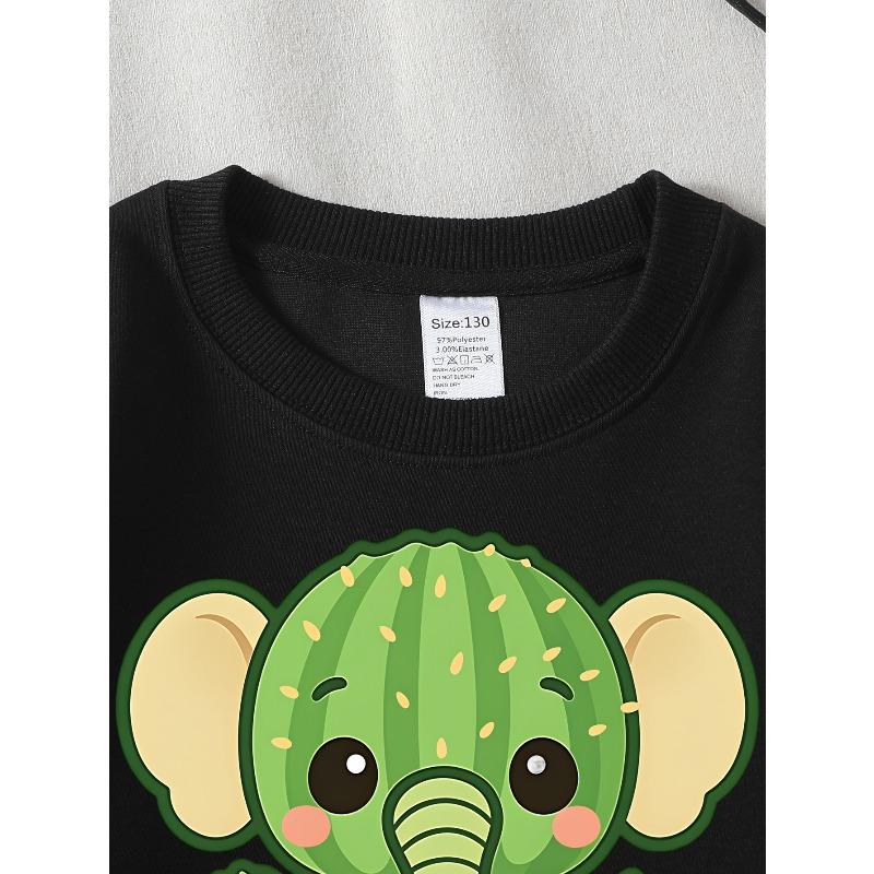 Kids Crewneck Sweatshirt, Cute Cactus & Elephant Cartoon Graphic Print,Spring Autumn Casual Sports Top