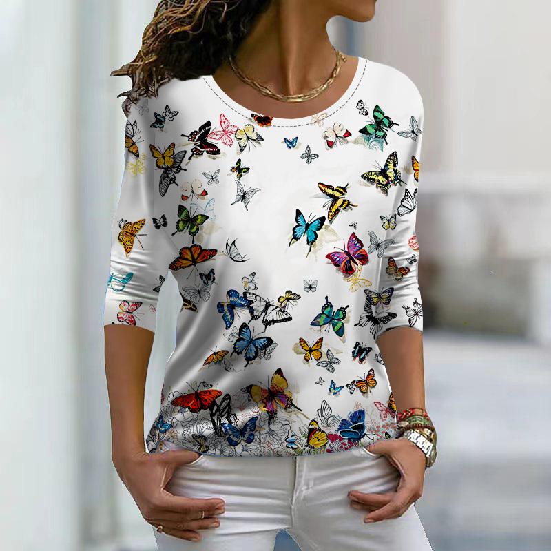 

Женские осенние топы, свободные, синяя, мечтательная, с принтом бабочек, повседневная, с длинным рукавом, футболка, топ, блузка 8XL разноцветный