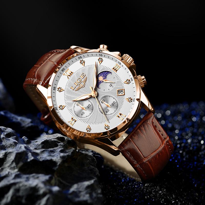LIGE Casual Mens Watches Business Man Watch Luxury Luminous Chronograph Date Waterproof Wristwatch Quartz Watches Leather Clock