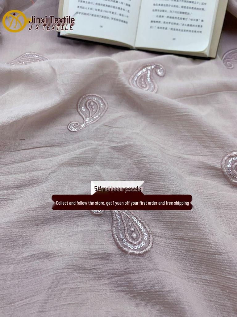 3D Cashew Flower Sequin Tencel Embroidered Fabric for Spring/Summer Dresses and Children's Hanfu.