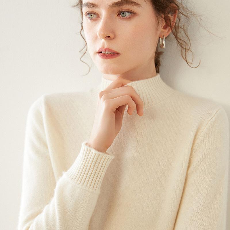 Women's Cashmere Half-High Collar Solid Color Pullover Sweater for Autumn/Winter - Loose, Thickened, Knit Base Layer
