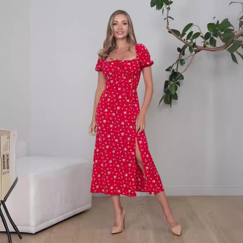 Women's Summer Floral Puff Sleeve Halter Dress with Square Neck