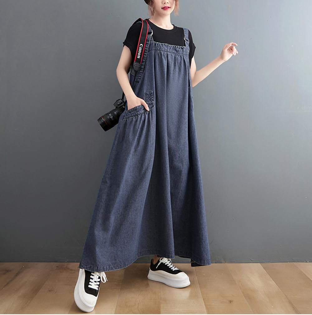 JIYUTOR Denim Jumper Loose Long Plus Sizes Dress, Ankle-Length, Fit, Slimming, Figure-Flattening, Length, All-in-One Overalls, (Free Size, Blue)