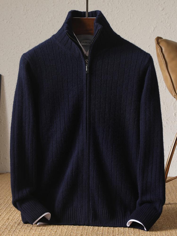 Herren Cardigan 100% Reine Wolle mit Reißverschluss: Herbst/Winter Schlank geschnittener Pullover mit vertikalem Rippstrick und Reverskragen.
