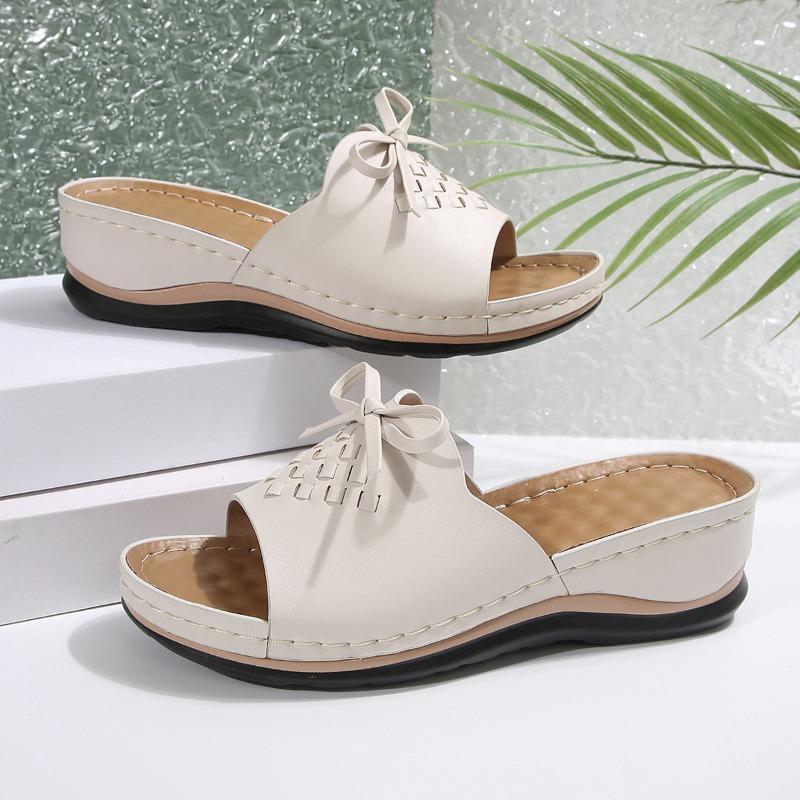 New Summer Women's Platform Slippers Large Size Bow One-word Slope Heel Platform Women's Slippers